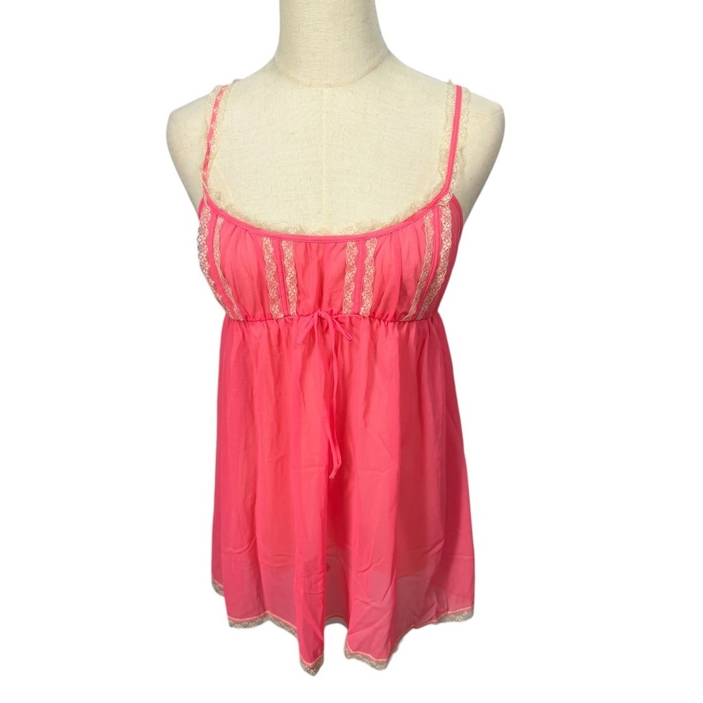 90s Y2K Victoria Secret Pink Sheer Babydoll Top M Coquette Lace Ribbon Layering